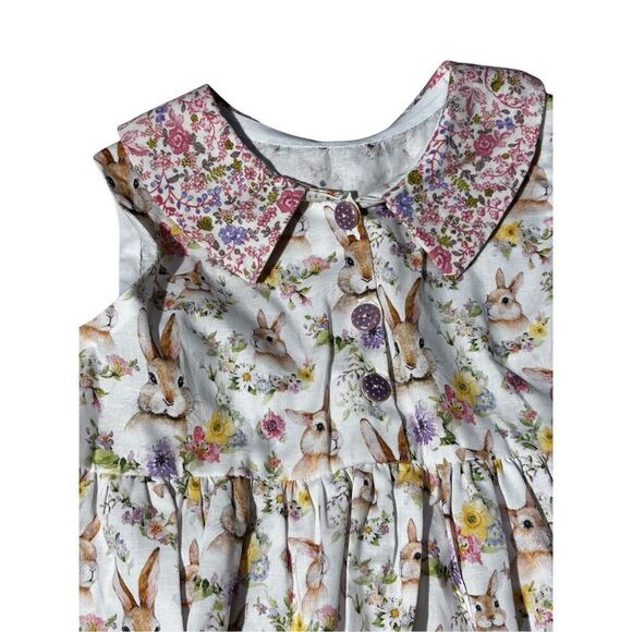 Girl's Easter Dress, Rabbit Design, Pockets, Purple Buttons, Spring, Handmade, S - Picture 5 of 6